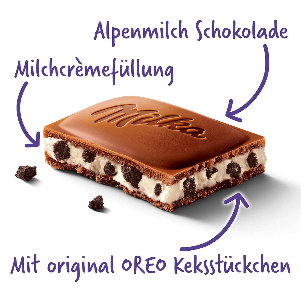 Milka Oreo – alpesi tejcsokoládé ropogós Oreo kekszdarabokkal és sima vaníliakrémmel töltve – 100g