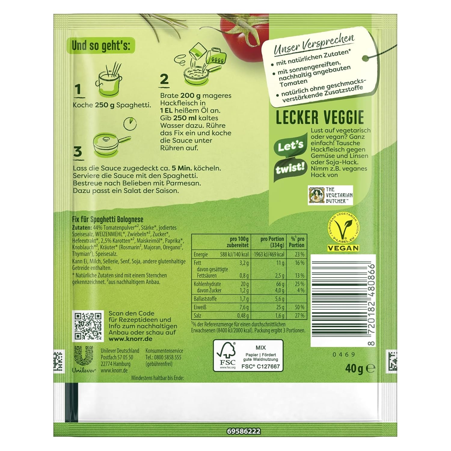 Knorr Fix Würzmischung Spaghetti Bolognese finom tésztaételhez természetes alapanyagokból 40 g