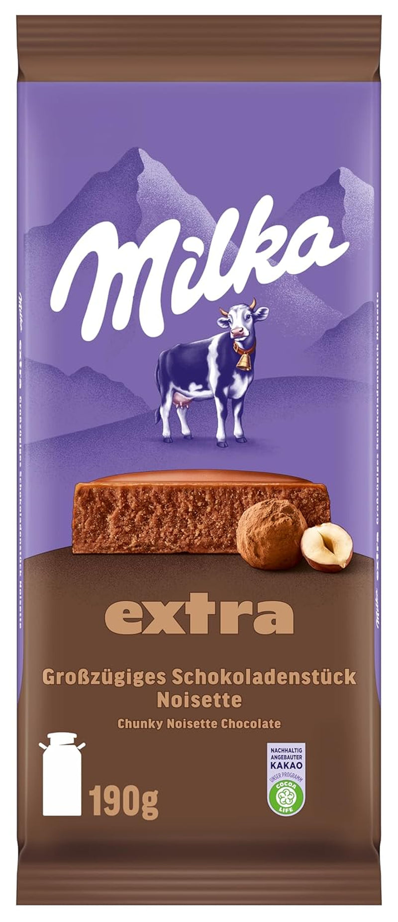 Milka Extra Noisette – alpesi tejcsokoládé finom, krémes mogyorós töltelékkel – 15 x 190 g