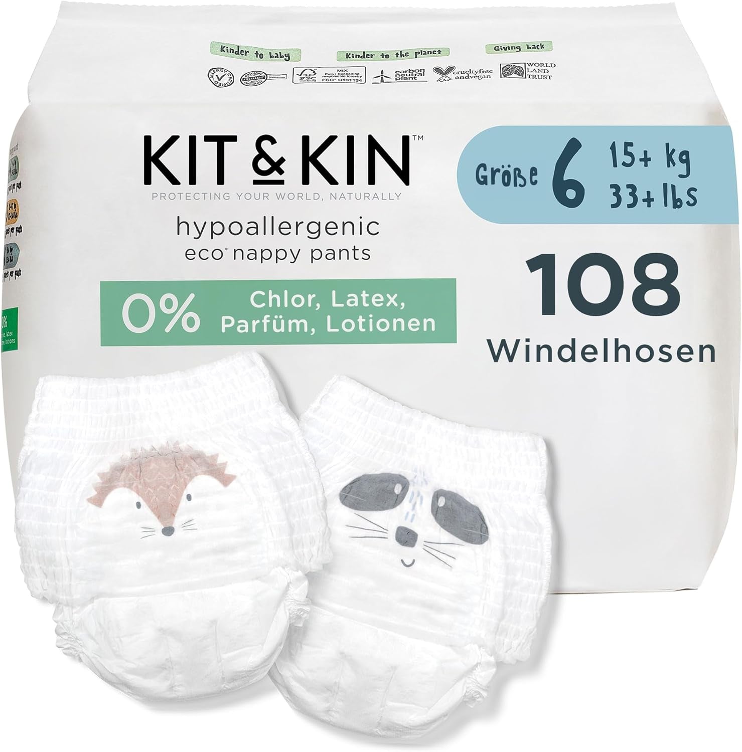 Kit & Kin Premium Eco pelenkák, 4-es méret (9-16 kg), 132 pelenka, növényi alapú és hipoallergén, megbízható szivárgásvédelem, vegán és kegyetlenség mentes