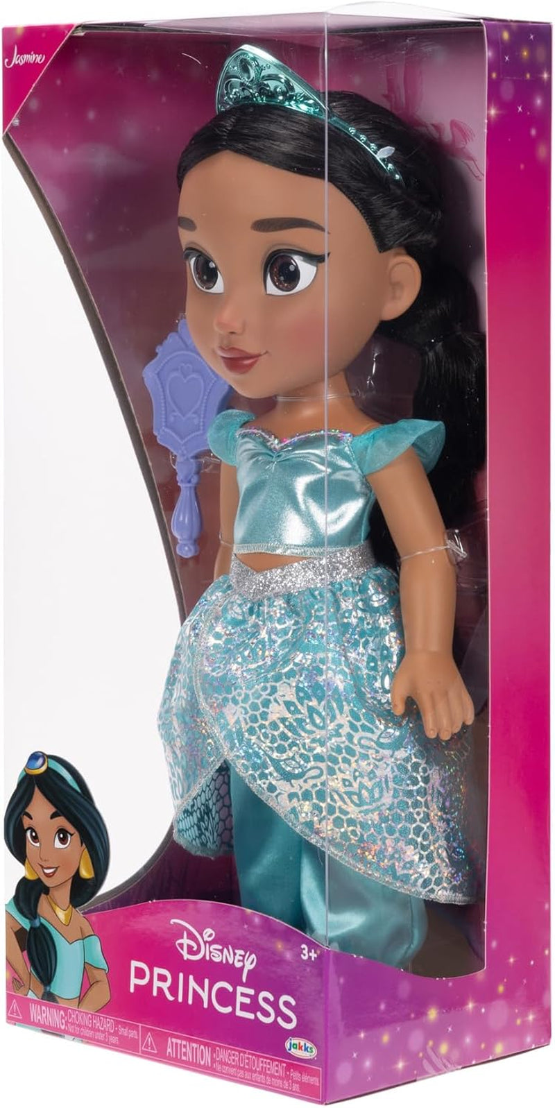 Disney Princess Jasmin Puppe 35 cm, reflektierende Glitzeraugen, bewegliche Gelenke, ausziehbares Outfit, Schuhe, Krone, langes geflochtenes Haar, für Mädchen ab 3 Jahren