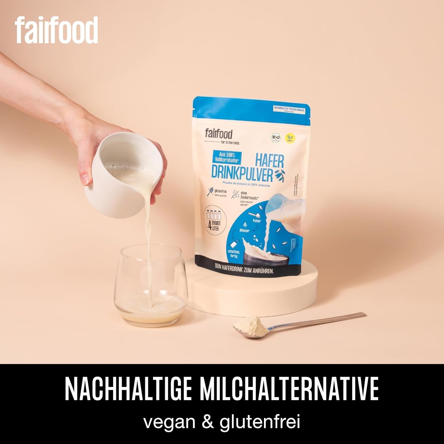 fairfood Bio Haferdrink Pulver 360g - nachhaltige Milchalternative - vegán, glutenfrei und ohne Öl - bis zu 4L Haferdrink - zum Selbermischen - 100% Bio-Vollkornhafer