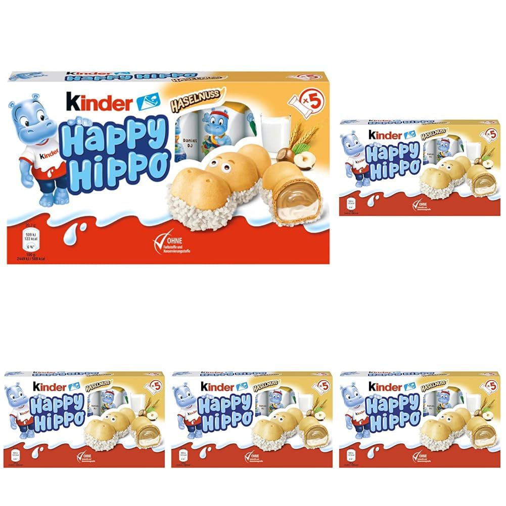 Kinder Happy Hippo Hazelnut – Különleges ropogós ostyák tejjel és mogyorókrémmel – Farsangi és Mardi Gras édességek – 1 csomag 5 db 20,7 g-os szeletet tartalmaz