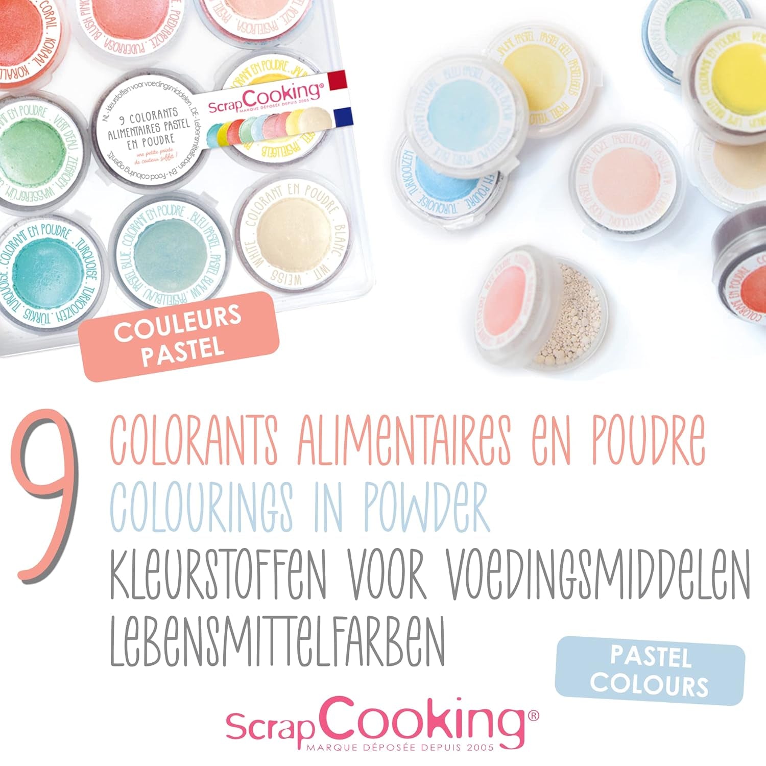 Scrapcooking - Set 9 coloranți alimentari pastel - Albastru, Galben, Coral, Roz, Turcoaz, Verde Lămâie, Alb, Verde Aqua, Roz pudră - Pudră colorantă comestibilă pentru prăjituri, brioșe, macarons - 4272