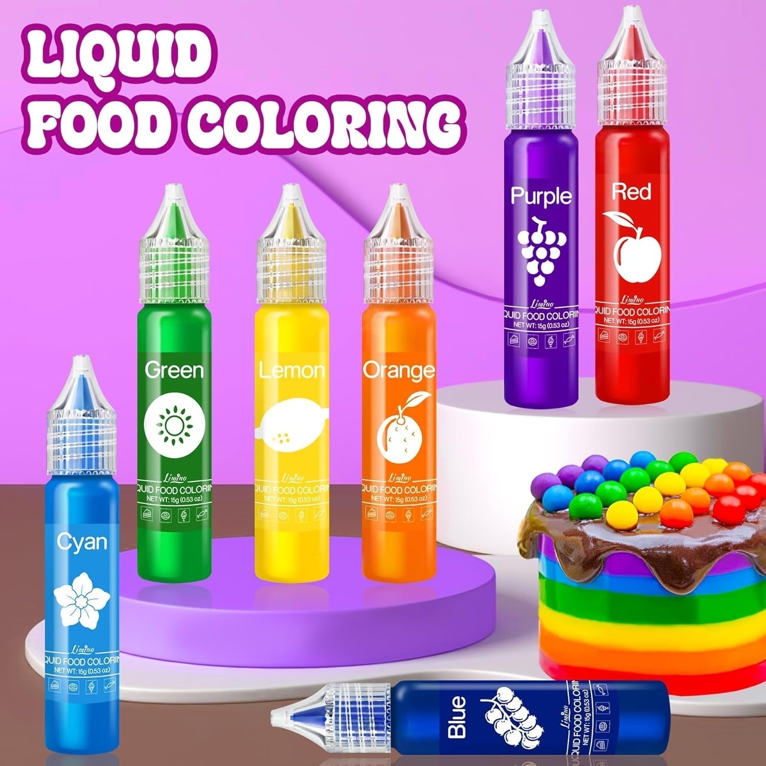 Colorant alimentar - Coloranți alimentari lichizi în culorile curcubeului pentru prăjituri, copt, fursecuri, macaroane - Colorant alimentar concentrat fără zahăr pentru decorarea torturilor, băuturi, ouă de Paște, slime - 15 g fiecare