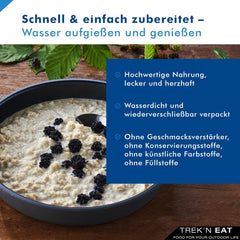 Trek'n Eat Protein Porridge – Magas fehérjetartalmú reggeli a szabadban | Fagyasztva szárított asztal kempingezéshez, túrázáshoz és expedíciókhoz | Töltő, gyorsan elkészíthető, utazáshoz ideális