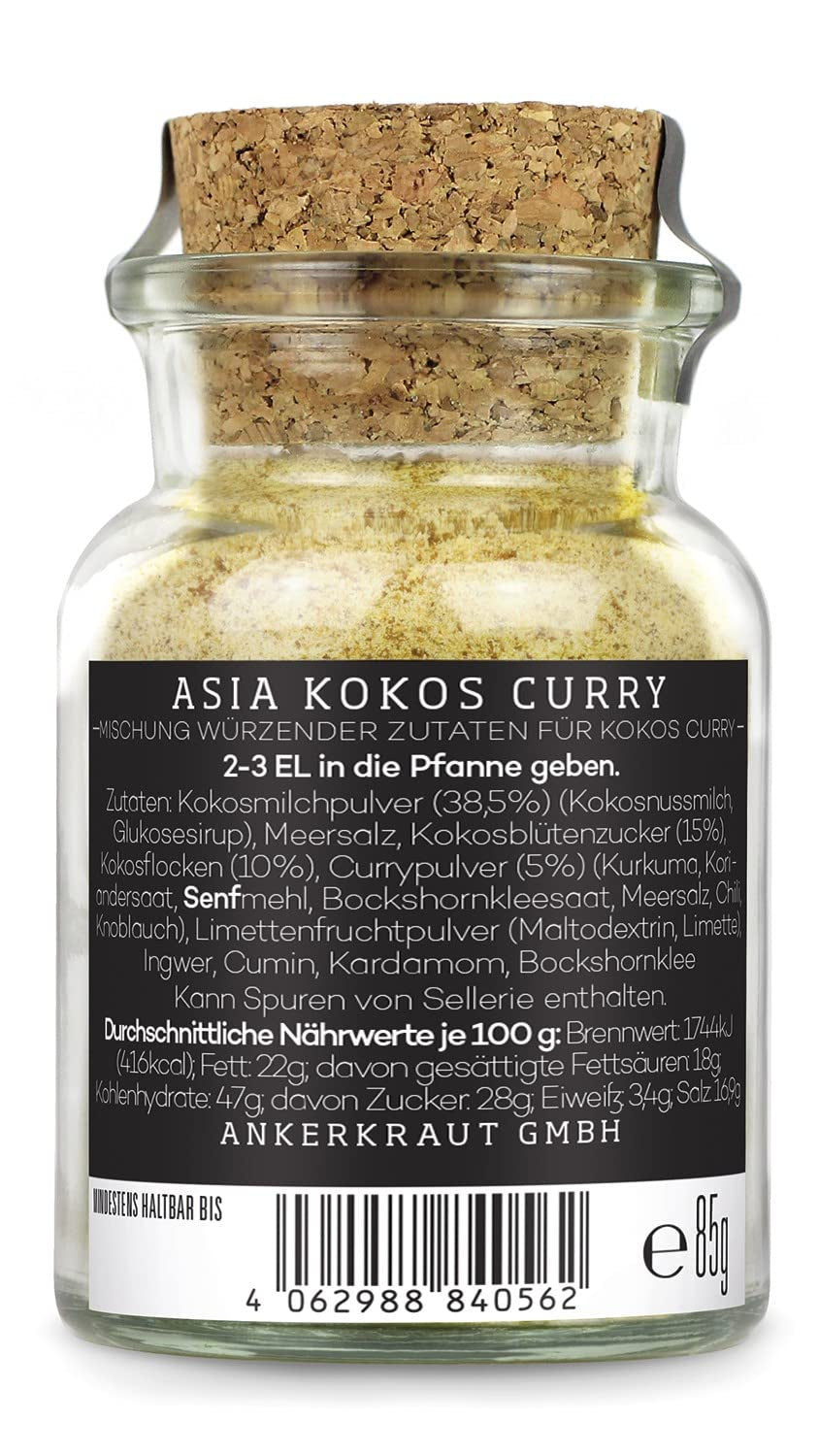 Ankerkraut Asia Kokos Curry, 85 g parafa üvegben, Gewürz für Kokos-Milch Gemüse Fleisch, Einfach Lecker Zu Hause Kochen, Premium Qualität in der Panne