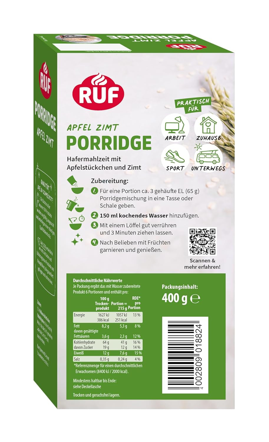 RUF fahéjas almás zabpehely teljes zabpehellyel, finom fahéjas ízzel és szárított almadarabokkal, snackek, tömeges kiszerelés, 1 x 400 g