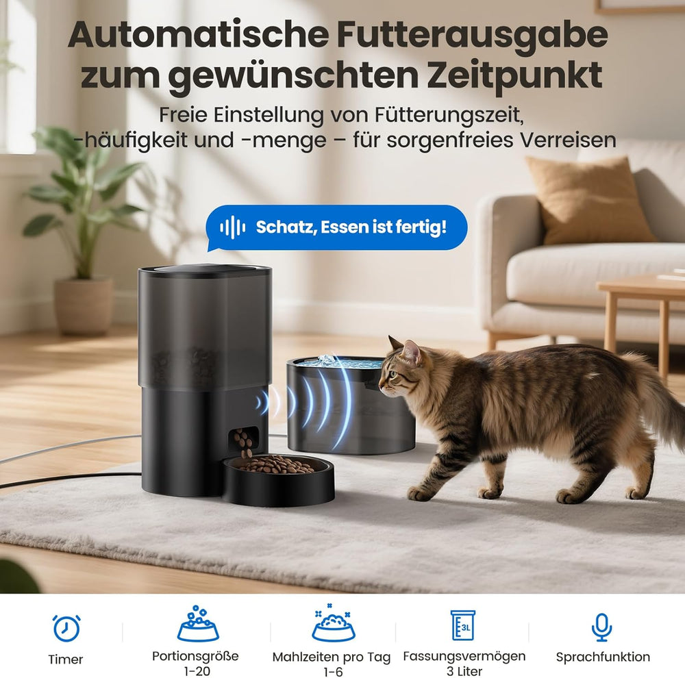 3L Automatischer Katzenfutterspender 2,5L Katzenbrunnen-Set, geräuscharmes App-steuertees Fernfütterungsgerät mit 10 Mahlzeiten per Tag, Anti-Verstopfungs-Design, ideális a Katzen & Welpen számára