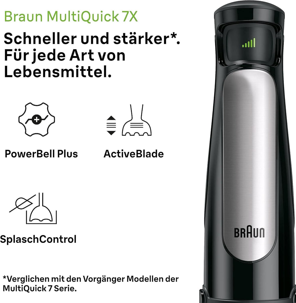 Braun Multiquick 7 MQ 7035X Stabmixer - Pürierstab Mit Abnehmbarem Edelstahl Mixfuß Mit Activeblade Technologie Zum Pürieren Der Härtesten Ingredient, Inkl. 3-Teiliges Zubehör Set, 1000 Watt, Schwarz Kitchen Naty Shop
