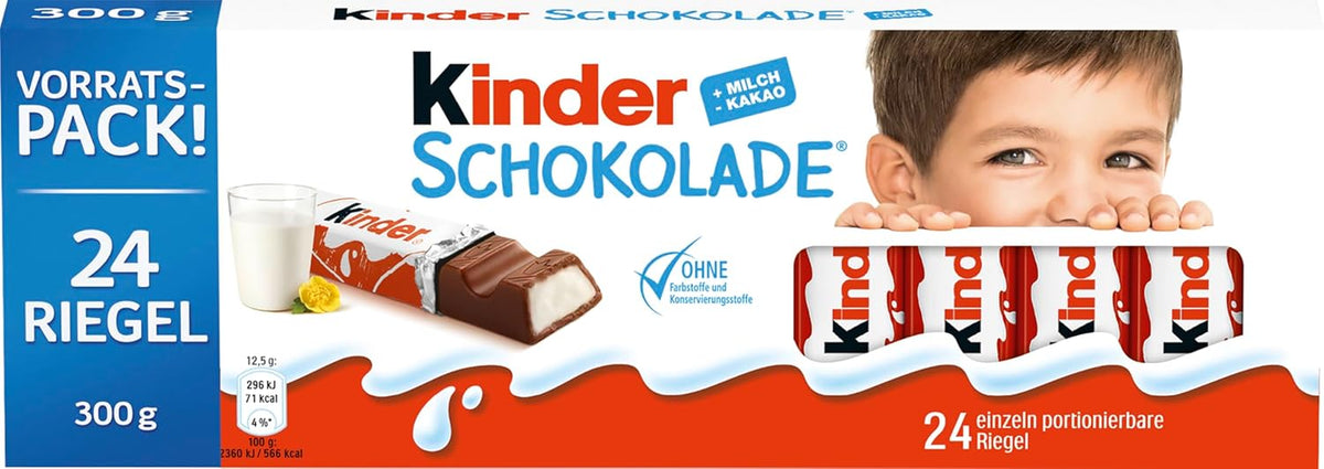 Kinder Chocolate – töltött tejcsokoládészeletek – 1 csomag 24 darab különálló szeletet (24 x 12,5 g) tartalmaz.