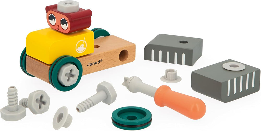 Janod - Mein erstes Konstruktionsspiel - Bären-Bastelauto - 25 Elements - Rollenspiel - Fördert Geschicklichkeit & Kreativität - Ab 24 Monaten - J06458