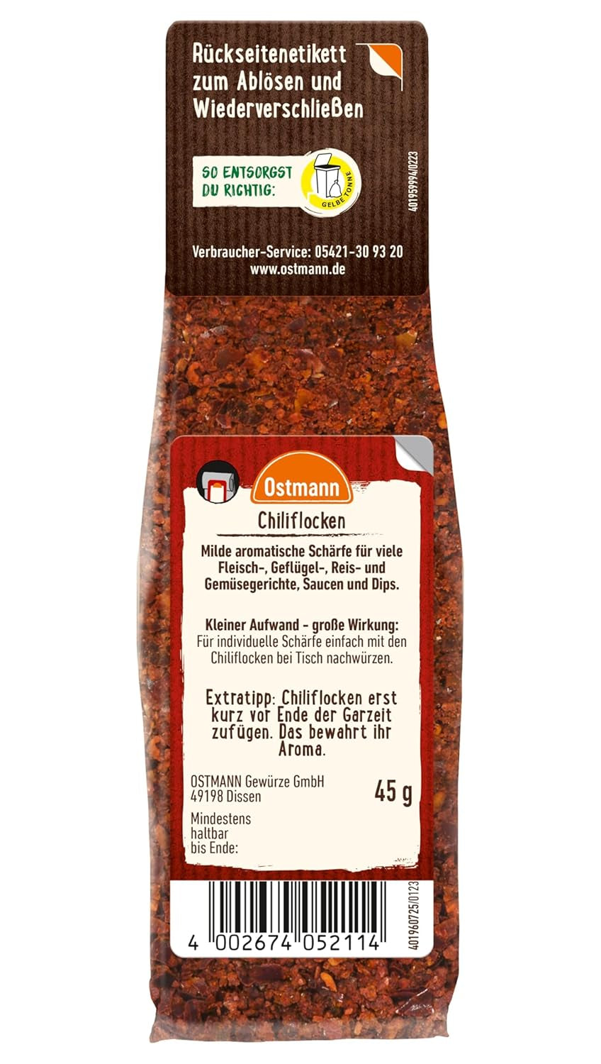 Ostmann Gewürze - Chiliflocken | Scharfes öntet mindenféle ételhez | Zum Nachfüllen der Streudose | 45 g zacskóban