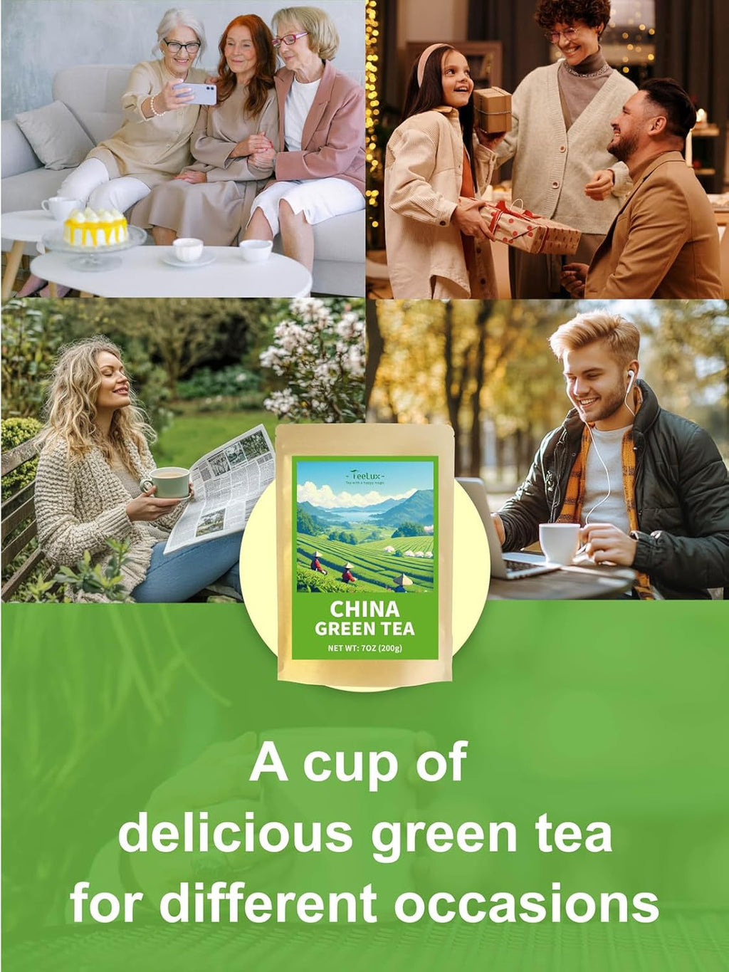 Ceai verde premium Teelux vrac 200 g din China, vegan, răcoritor, bogat în antioxidanți, ceai verde natural pur, frunze de ceai vrac