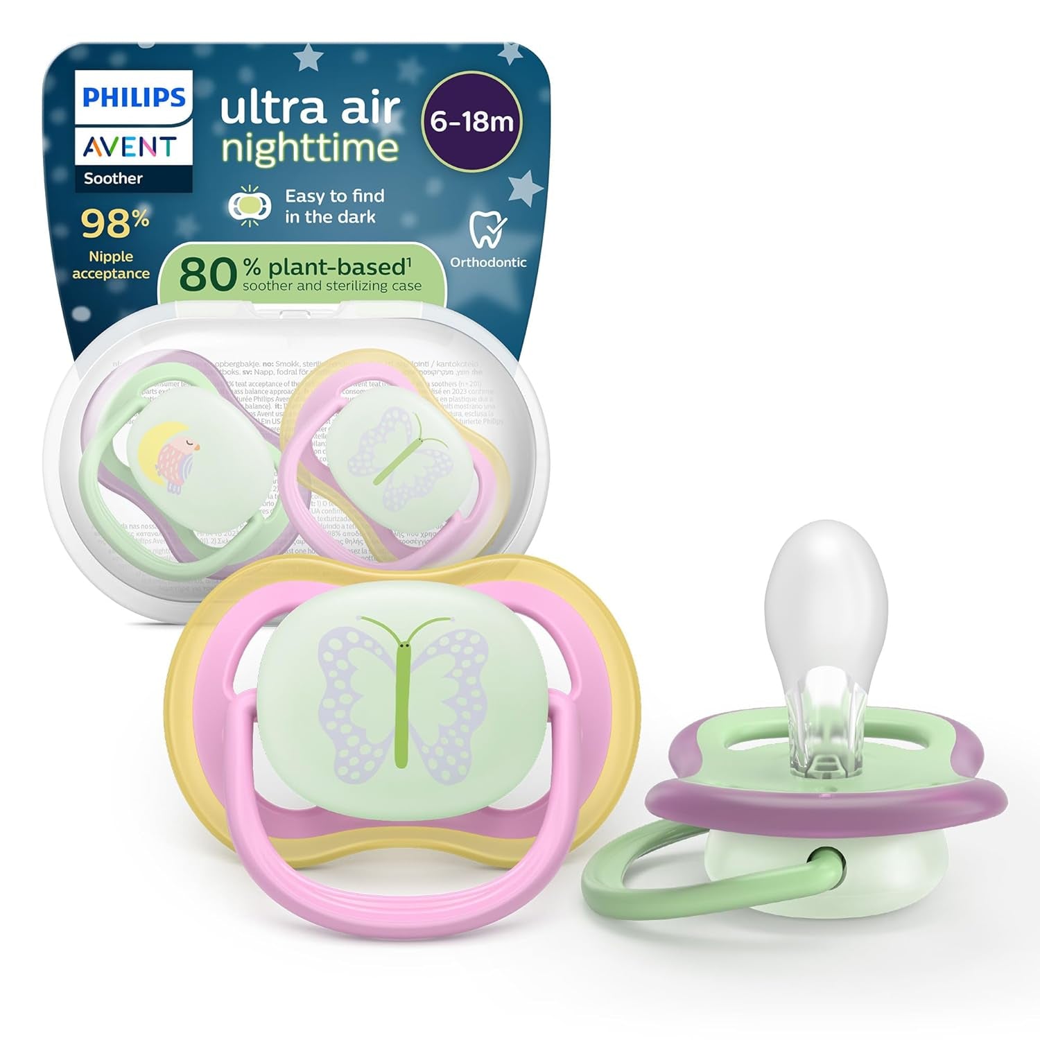 Suzete Philips AVENT ultra air - pachet de 4 suzete fără BPA, respirabile, pentru bebeluși 6-18 luni, inclusiv cutie de transport și sterilizare, model broască țestoasă/balenă (model SCF085/66)