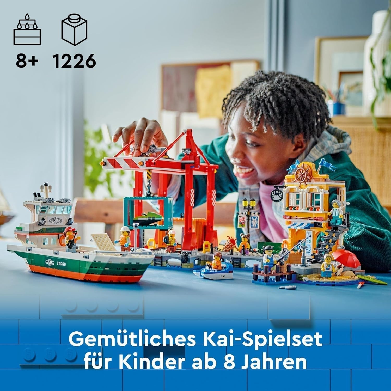 LEGO City kikötő teherhajóval, építőjátékkal fiúknak és lányoknak 8 éves kortól, ajándékötlet gyerekeknek, konténerdaru, játékhajó és 8 minifigura 60422 Építőkészlet Besuche den LEGO-Store