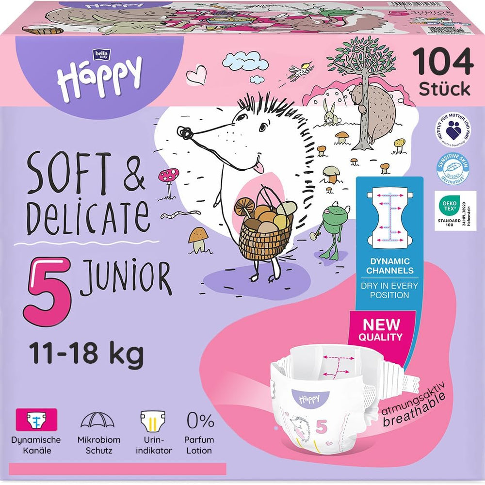 Bella Baby Happy Premium pelenkák, 6-os méret, Junior Extra, 15+ kg, 96 db, DERMATEST és OEKO-TEX Seal, Eldobható babapelenkák