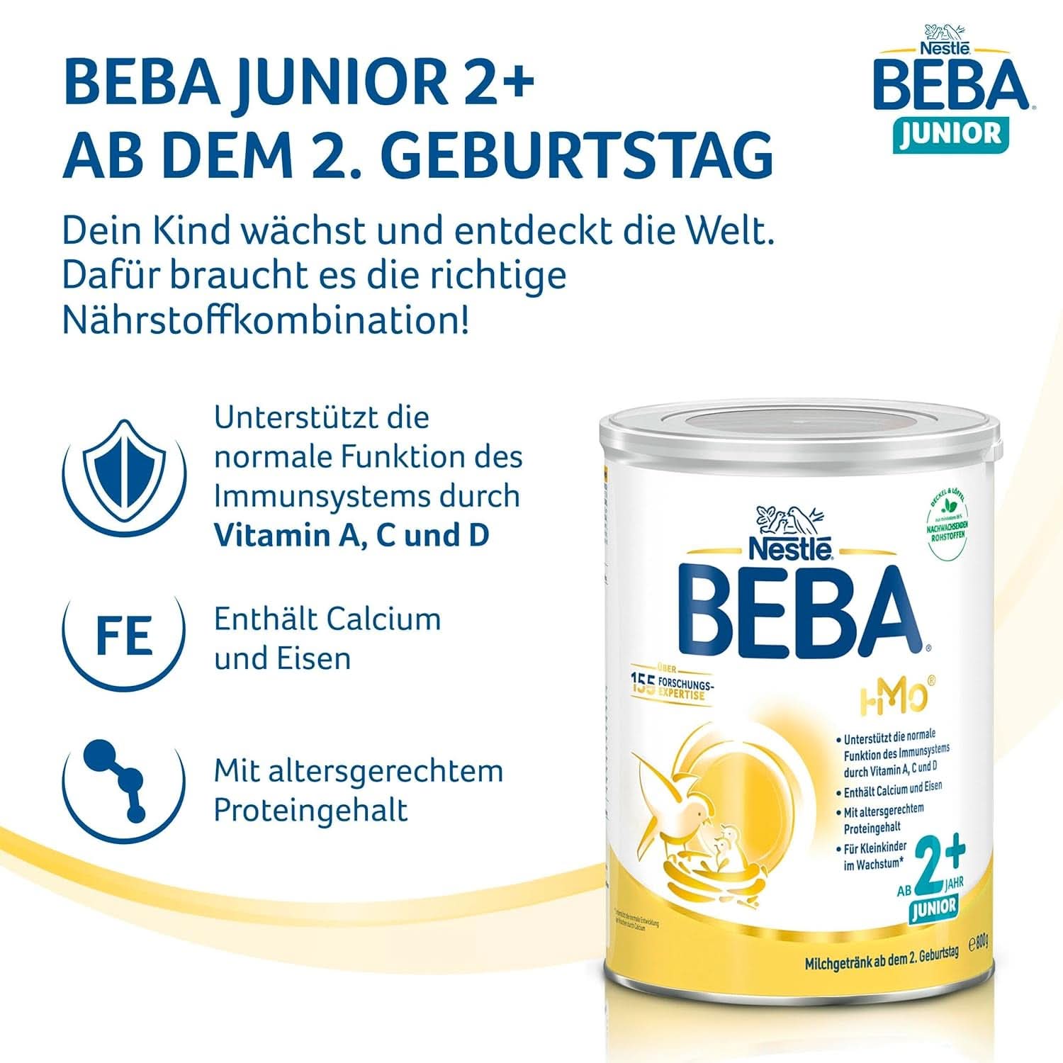 Nestle BEBA Junior 2+, de la a 2-a aniversare, mâncare pentru copii cu HMO 2'-FL, numai lactoză, fără ulei de palmier, pachet 3 (3 x 800 g) Mama si Copilul Naty Shop