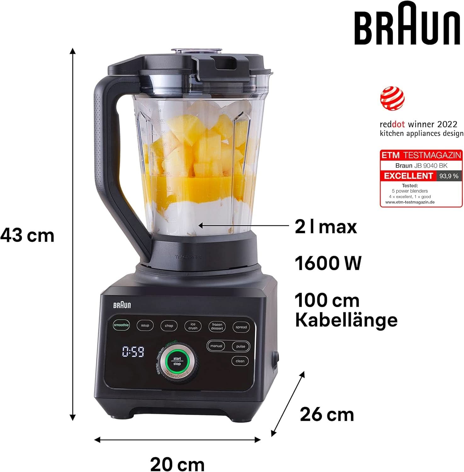 Braun Hochleistungsmixer Powerblend 9 JB9040 – Standmixer Mit Glas-Mixkrug, 18 Mixprogram, 10 Geschwindigkeiten + Pulsefunktion, Heiße Suppen Funktion, Reinigungsprogramm, Stampfer, 1600 W, Schwarz Kitchen Naty
