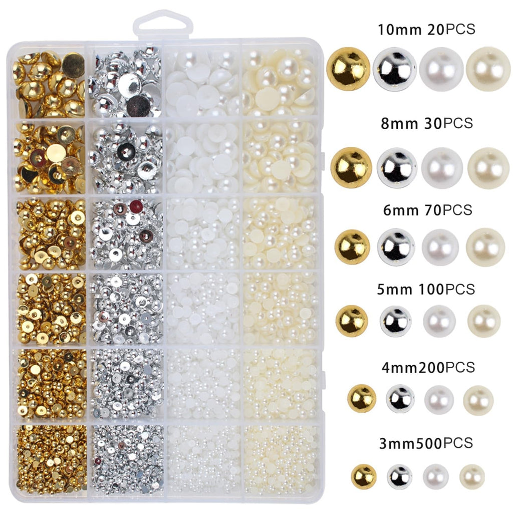 GZMAYUEN 920Pcs Gold Silber Flatback Perlen Für Nägel, Halbrunde Weiße Beige Nail Perlen, Kleine Halbrunde Flatback Perlen Für DIY Nail Art Decor