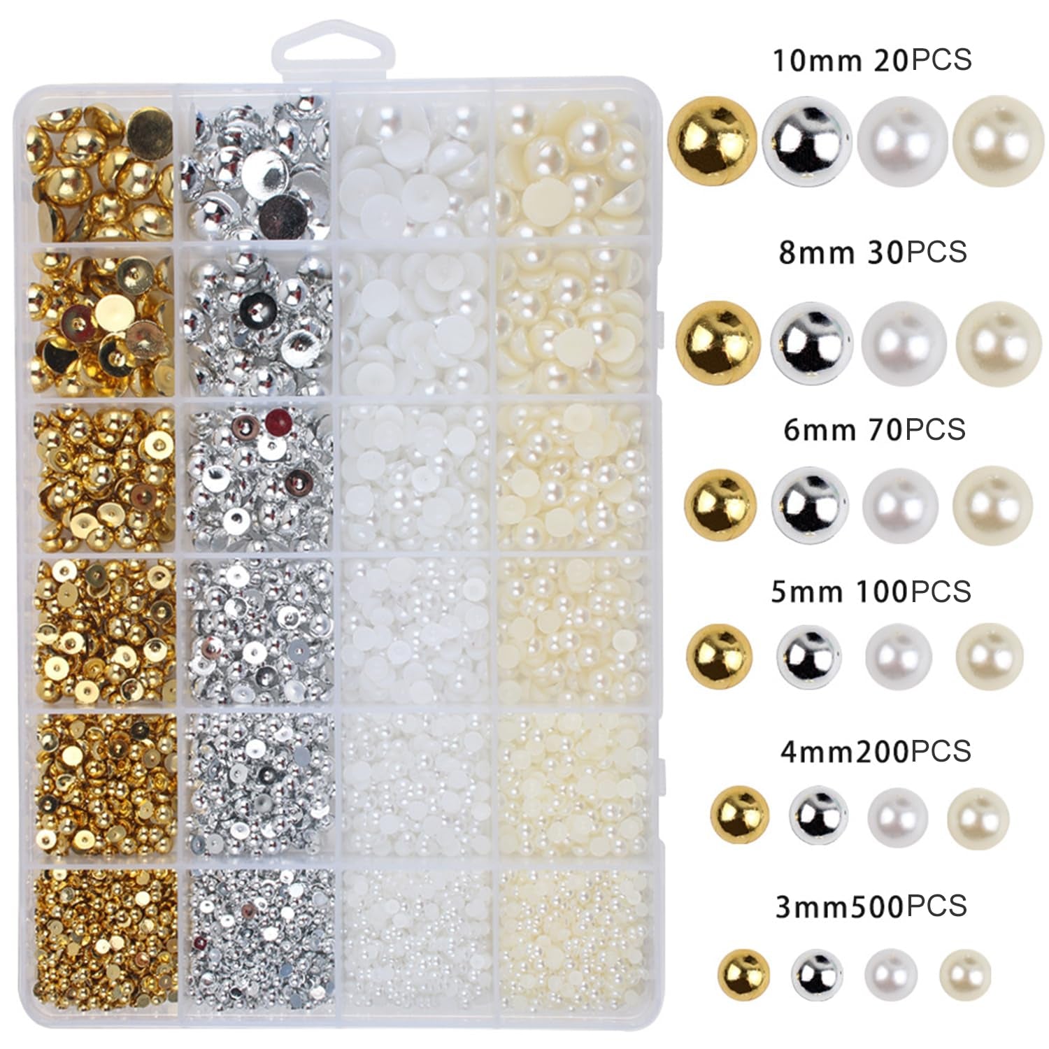 GZMAYUEN 920Pcs Gold Silber Flatback Perlen Für Nägel, Halbrunde Weiße Beige Nail Perlen, Kleine Halbrunde Flatback Perlen Für DIY Nail Art Decor