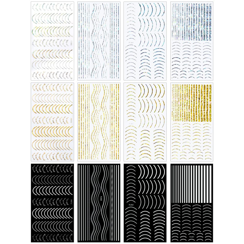 12 foi cu laser sclipici linii autocolante unghii autoadezive autocolante holografice dungi bronz autocolante unghii linie franceză arcuri curbe linii ondulate autocolante unghii accesorii Nail Art