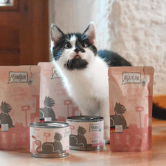 MjAMjAM - Hrană umedă premium pentru pisici - Cutie pentru pisoi - 3x Pui cu ulei de somon și 3x Vițel cu ulei de somon, pungă cu hrană, pix, capac cutie, pachet de 6 (6 x 200 g)