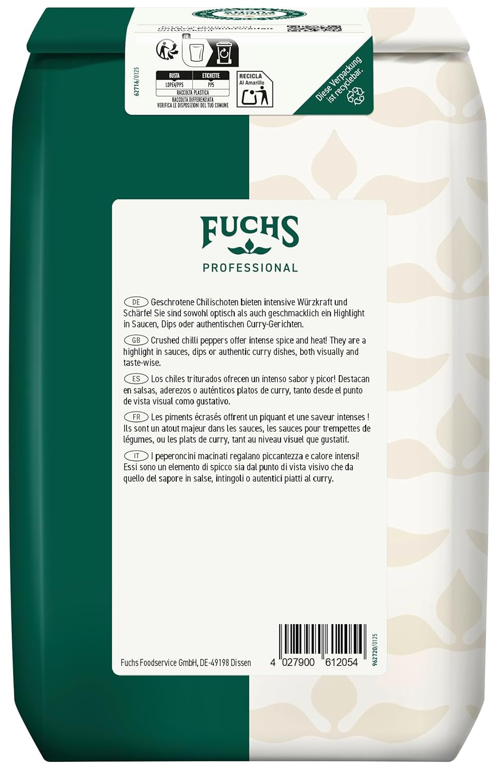 Fuchs Professional - Chilis geschoten | Verleiht Chili con Carne die richtige Schärfe | Profi-Qualität für Großverbraucher | 0,7 kg-os újrahasznosítható zacskó