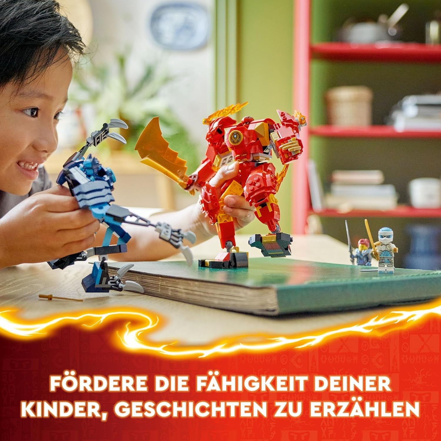 LEGO NINJAGO Kais Feuermech, Actionfiguren-Spielzeug für Kinder mit roter Mech-Figur zum Umgestalten, Ninja-Set mit 4 Figuren inkl. Kai és Zane, ajándék 7 éves fiúknak és lányoknak 71808
