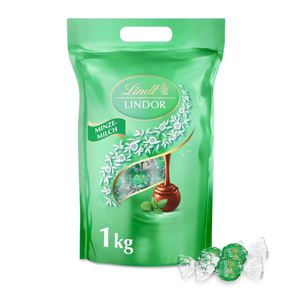 Lindt LINDOR csokoládé pisztáciával | 1 kg-os visszazárható zacskó | kb. 80 db tejcsokoládé golyó szájban olvadó pisztácikrémes töltelékkel | Tömeges csomag, praliné ajándék
