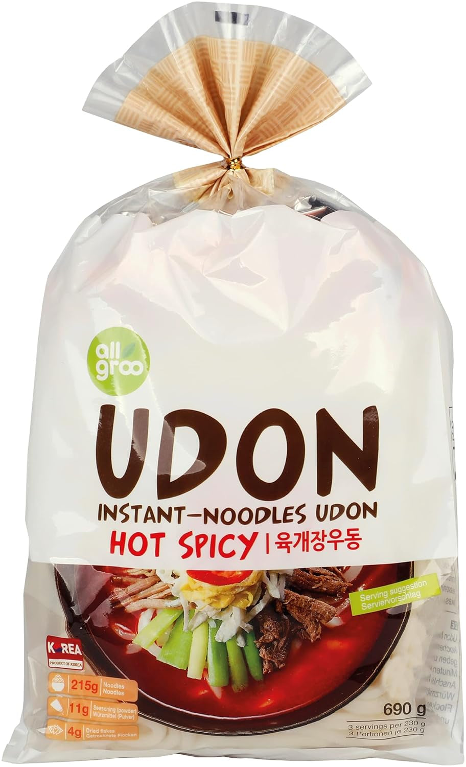 Allgroo Udon instant tészta - Fűszeres Udon leves, gyorsan elkészíthető - 3 adagot tartalmaz - 1 x 690g