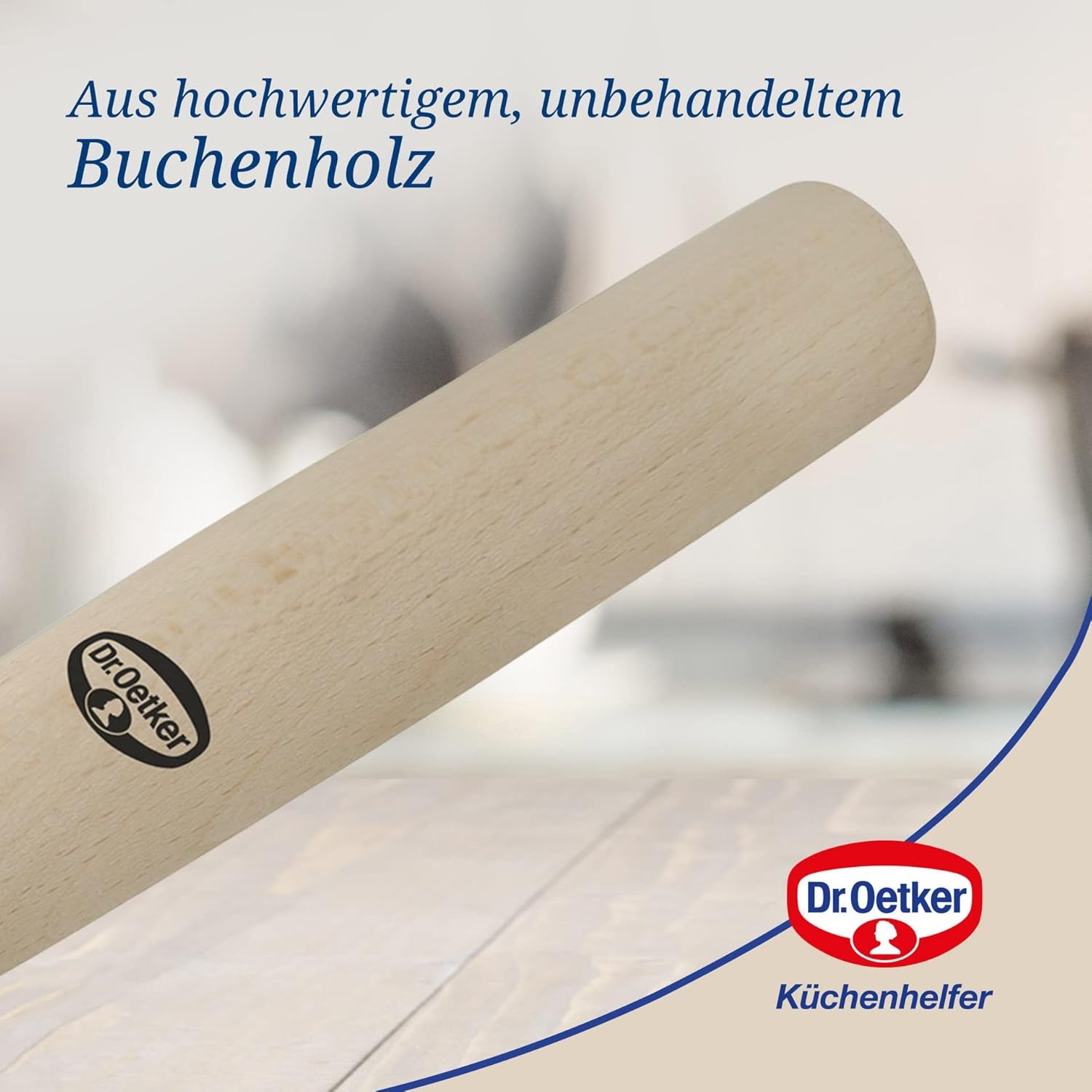 Dr. Oetker Teigroller aus Holz – Teigrolle aus kiváló minőségű Buchenholz – Perfekt für round und eckige Formen – kb. 18 x 7 cm, Rolle Durchmesser kb. 4,5 cm