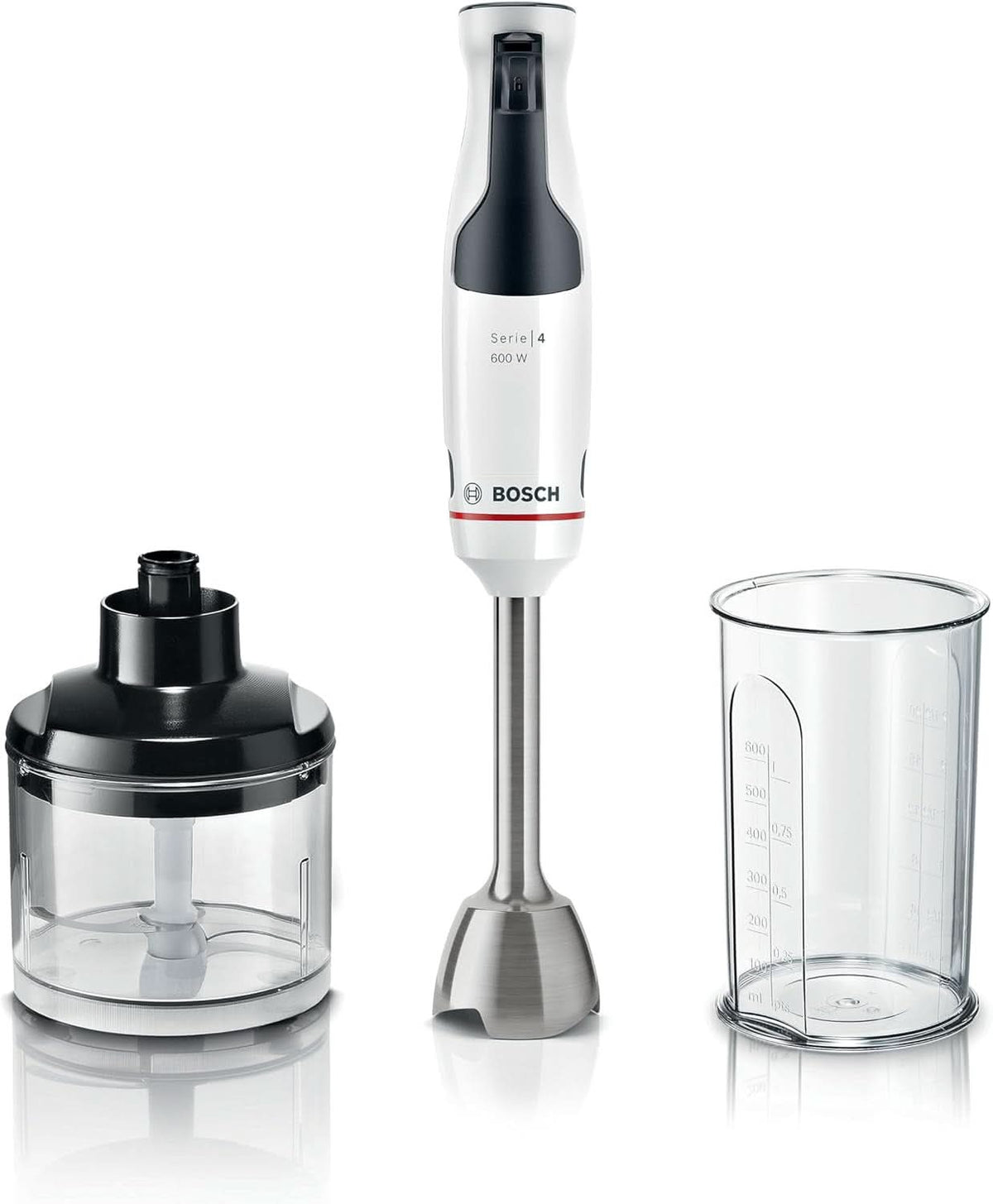 Bosch Stabmixer Ergomaster Serie 4 MSM4W220, Zerkleinerer, Einhändig Bedienbar, Edelstahl-Klingen, Verschleißfreie Keramik-Kupplung, Mixbecher, Quattroblade, Antisplash, Einschaltsperre, 600 W, Weiß Mama si Copilul Naty Shop Weiß Ergomaster Serie 4 600 W