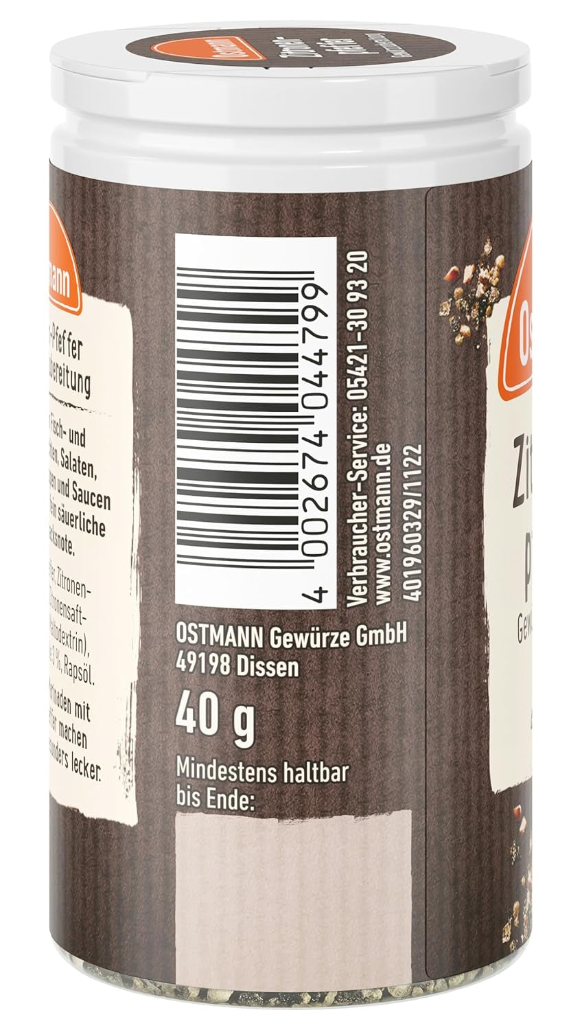 Ostmann Gewürze - Zitronenpfeffer Gewürzzubereitung | Für Salatdressings, Saucen und Fischgerichte | 40 g in der Streudose