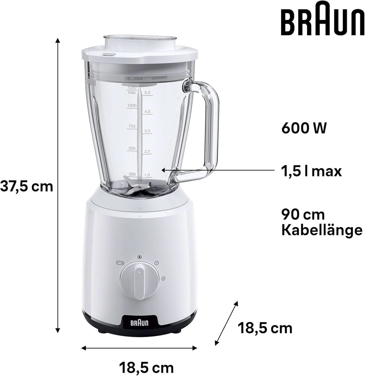 Braun Powerblend 1 JB1050WH - Állványkeverő Mit 1,5 L Glas-Mixaufsatz, Küchenhelfer Zum Zerkleinern, Pürieren & Mixen, Ice-Crush-Funktion, 2 Geschwindigkeiten, 600 Watt, Weiß Kitchen Naty