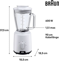 Braun Powerblend 1 JB1050WH - Állványkeverő Mit 1,5 L Glas-Mixaufsatz, Küchenhelfer Zum Zerkleinern, Pürieren & Mixen, Ice-Crush-Funktion, 2 Geschwindigkeiten, 600 Watt, Weiß Kitchen Naty