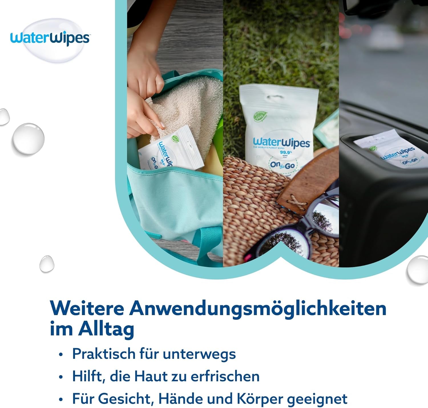 WaterWipes Sensitive+ On The Go nedves törlőkendők, 100 törlőkendő (10 csomag), 3 az 1-ben tisztít, ápol, véd, 99,9% víz, illatmentes törlőkendő