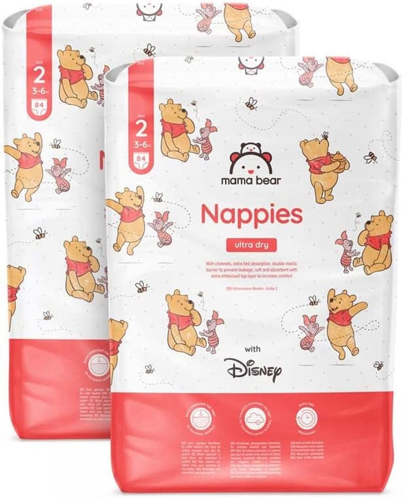 Mama Bear Disney Ultra Dry pelenkák 4-es méret (8-14 kg), fehér, 84 darab (1 csomag) Naty Shop 2-es méret (3-6 kg) havi csomag