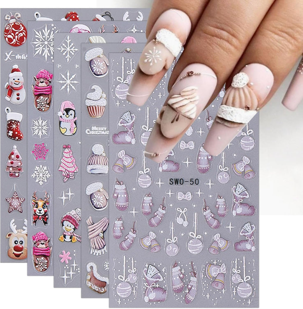 JMEOWIO Nagelsticker Weihnachten 6 Blatt Nail Art Sticker Selbstklebend Nagelaufkleber Schneeflocke Winter Urlaub Süß Dekoration Nageldesign Zubehör