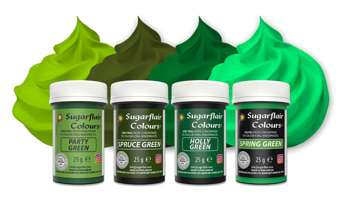 Coloranți alimentari Sugarflair pentru paste, verde, set de 4, coloranți alimentari pentru paste, fondant, marțipan, pastă de zahăr, cremă de unt și multe altele: verde ilex, verde primăvară, verde molid, verde petrecere - set de 4