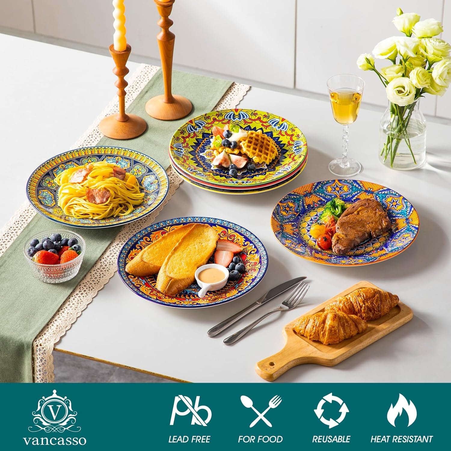 Set de farfurii de cină de 6 persoane, set de farfurii vancasso KRVI pentru 6 persoane, set de farfurii Ø 27 cm, potrivit pentru mașina de spălat vase și cuptorul cu microunde, farfurii pentru paste, farfurii pentru micul dejun, farfurii pentru tort