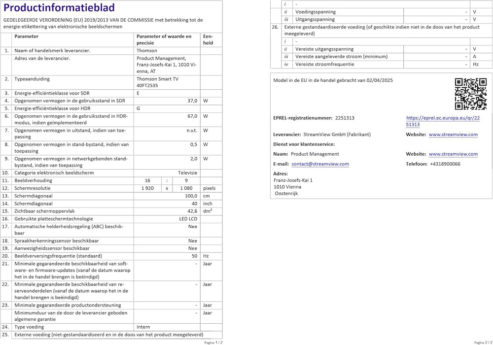 Televizor inteligent THOMSON FHD de 40 de inci (100 cm), Wi-Fi, control vocal, HDR10, Dolby Audio, tuner triplu (cablu/satelit/antenă), HDMI, USB, 1 GB RAM, 4 GB Flash – 40FT2S35