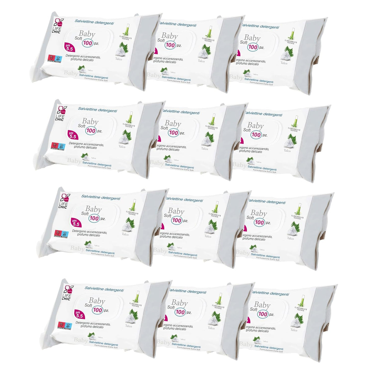 Talkumos babakendők érzékeny bőrre, alkoholmentes, bőrbarát, pH 5,5, enyhén illatosított, 1200 darab (12 csomag)