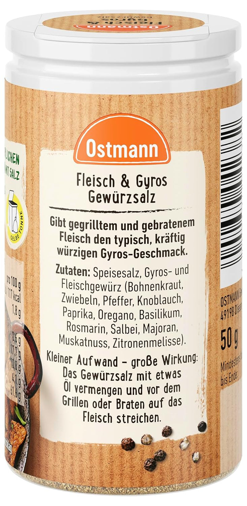 Ostmann Gewürze - Fleisch & Gyros Gewürzsalz | Pikantes Gewürz mit mediterraner Note für gegrilltes und gebratenes Fleisch | Mit praktischem Streuaufsatz | 50 g szűrőben