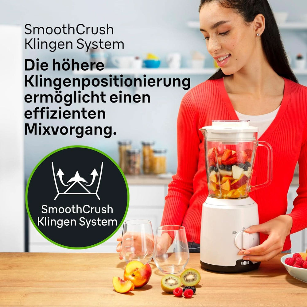 Braun Powerblend 1 JB1050WH - Állványkeverő Mit 1,5 L Glas-Mixaufsatz, Küchenhelfer Zum Zerkleinern, Pürieren & Mixen, Ice-Crush-Funktion, 2 Geschwindigkeiten, 600 Watt, Weiß Kitchen Naty