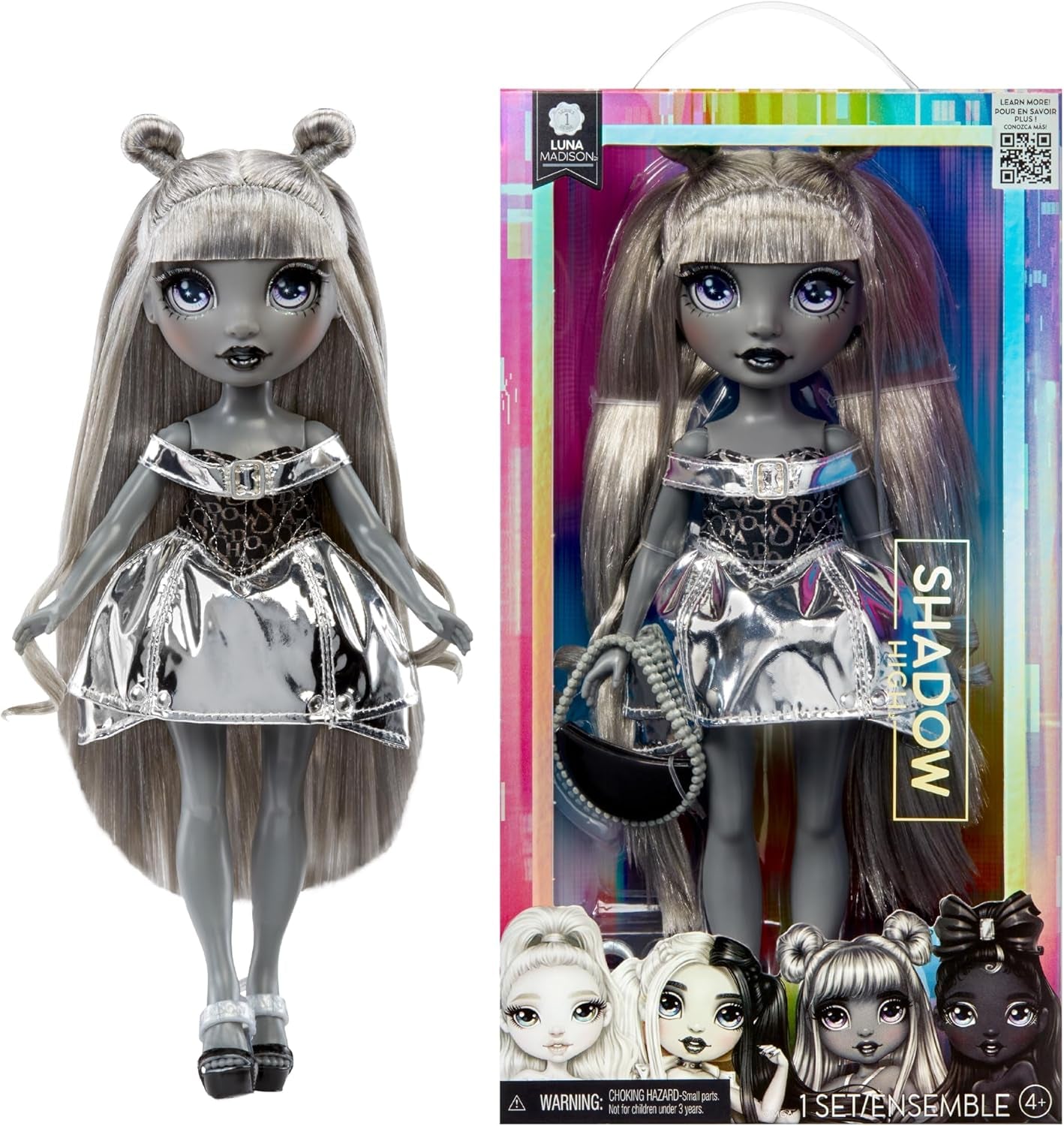 Rainbow High Shadow High Natasha Zima - 28 cm Modepuppe in Grauschattierungen, Weißes Haar und Outfit, Stylische Handtasche, Süßes Geschenk für Kinder von 4-10 Jahren
