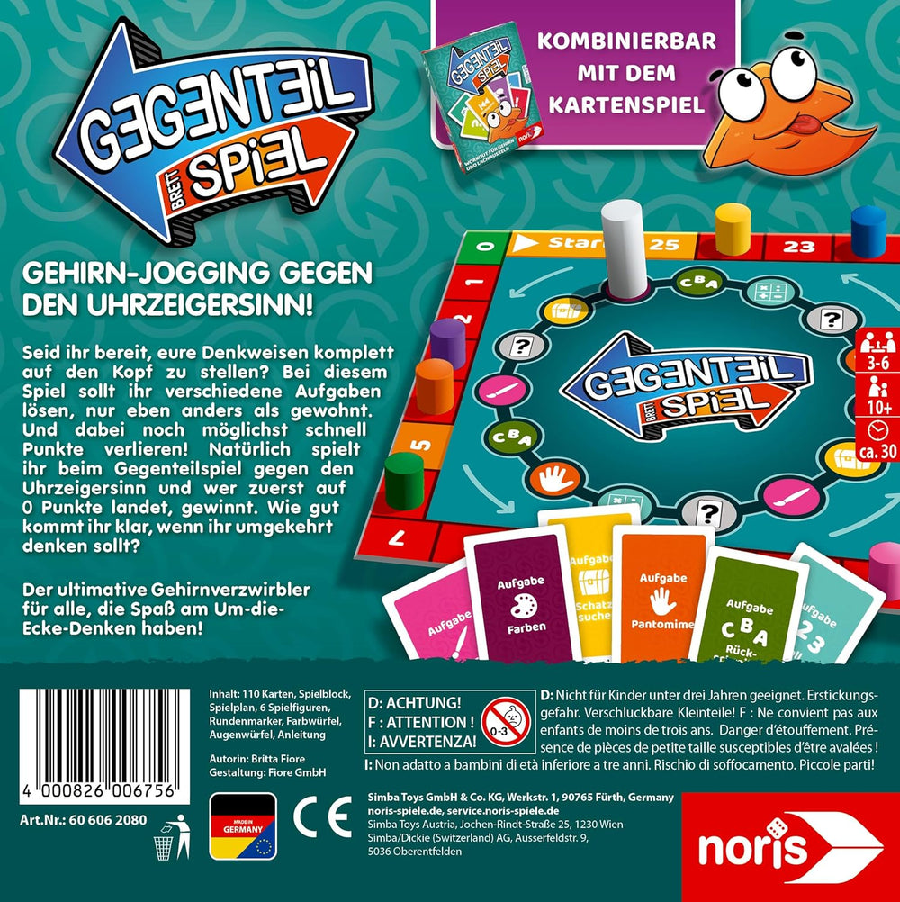 Noris 606062080 - Gegenteil Spiel (Brettspiel from 10 Jahre) - kombinierbar mit dem Kartenspiel - verrücktes Konzentrationspiel für Kinder und Erwachsene für 3-6 Spieler
