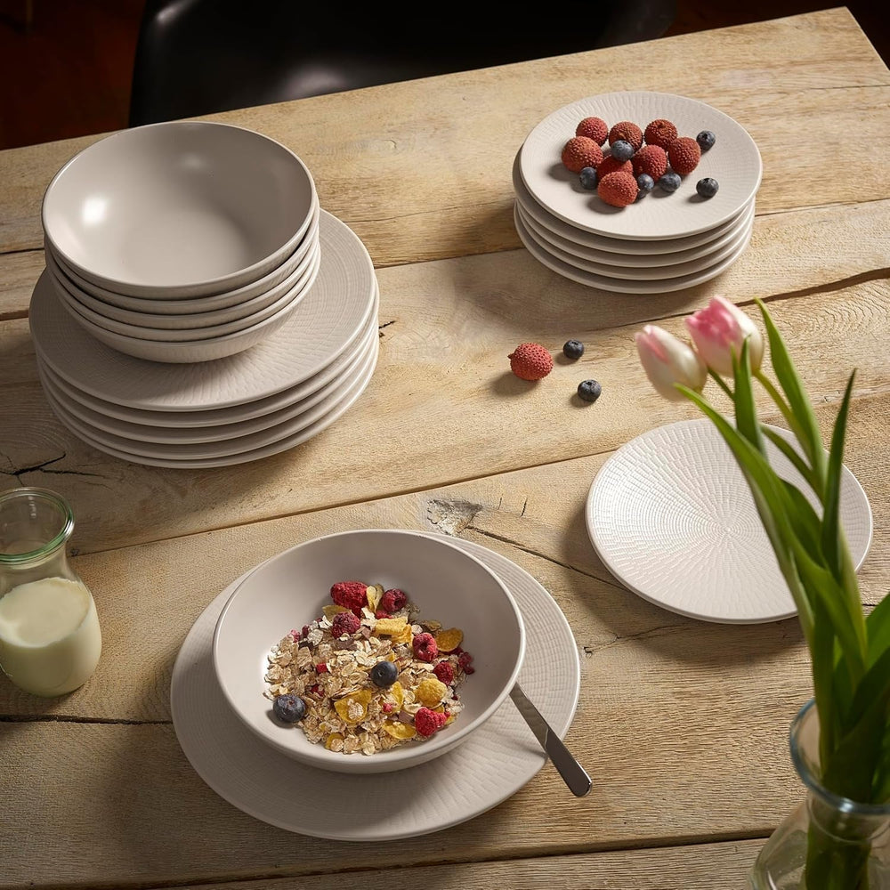 ECHTWERK 18-Teiliges Vintage Tafelservice, "Blanka" Nature-Design, Für 6 Personen, Stilvolles Geschirrset Mit Struktur Aus Steingut Mit 6 X Speiseteller, 6 X Beilagenteller, 6 X Suppenteller, Creme Seturi vesela masa Naty Shop