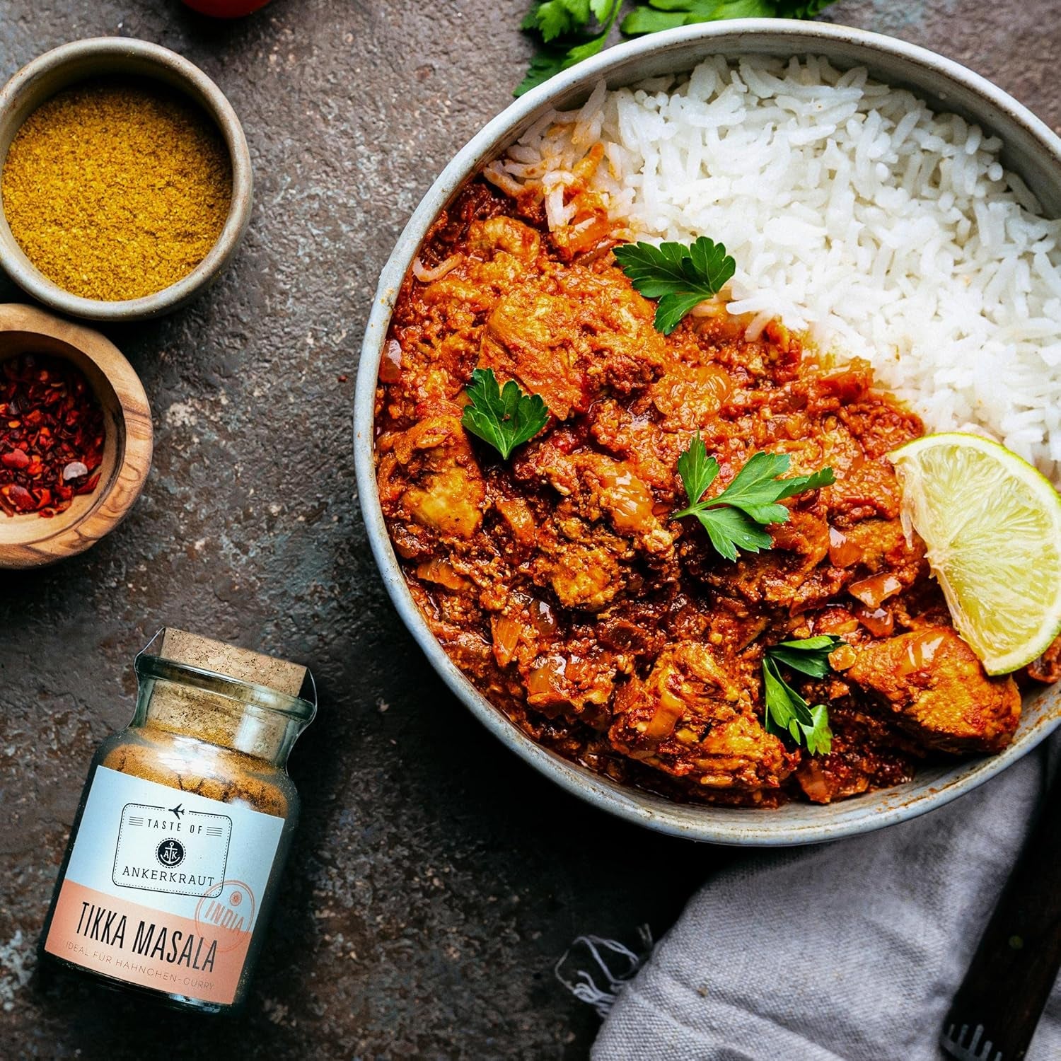 Ankerkraut Tikka Masala Gewürz Indien, 70g im Korkenglas, Lecker Curry mit Hähnchen, Gemüse, Reis Selber Zu Hause Kochen, Chicken Curry Zuckerfrei, Premium Qualität