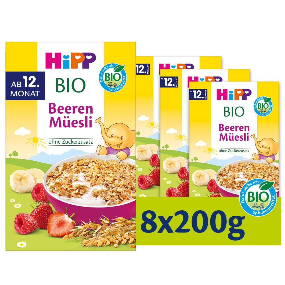 HiPP Bio Beeren-Müesli (8 x 200g), ab 12. Monat, ohne Zuckerzusatz, besonnders fine Stückchen - leicht zu chewen, in best Bio-Qualität